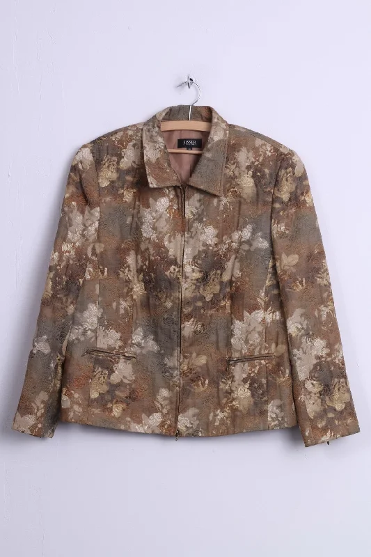 Fisser Womens 44 L Jacket City Sport Gold Green Flowers Printed Wool Blend Shoulder Pads Retro Cotton Fabric Linen Fabric Terry Fabric