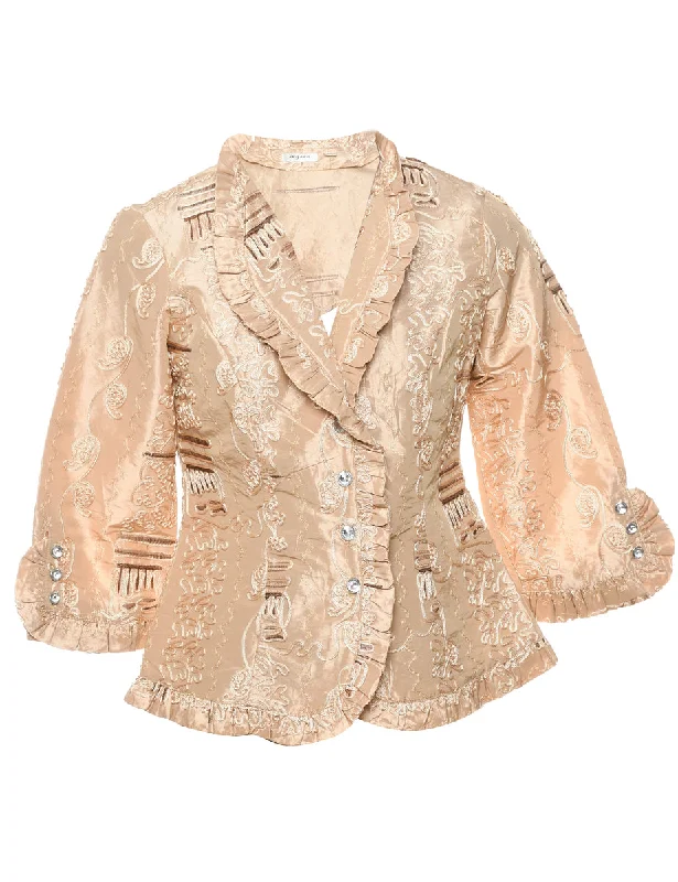 Embroidered Gold Metallic Evening Jacket - S Zippered Jacket Buttoned Jacket Snapped Jacket Embroidered Gold Metallic Evening Jacket - S Zippered Jacket Buttoned Jacket Snapped Jacket