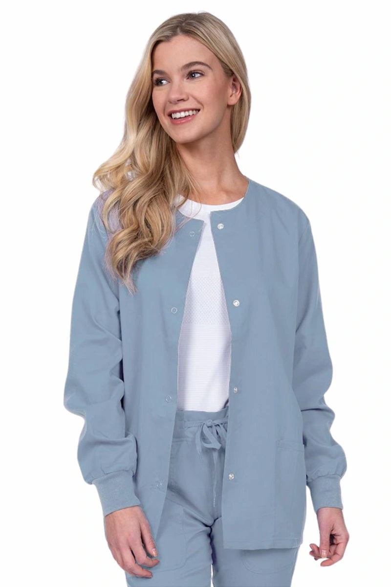 Epic by MedWorks Women's Snap Front Scrub Jacket | Blue Fog Appliqued Jacket Beaded Jacket Sequined Jacket Epic by MedWorks Women's Snap Front Scrub Jacket | Blue Fog Appliqued Jacket Beaded Jacket Sequined Jacket