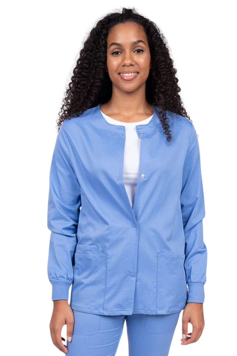 Epic by MedWorks Women's Snap Front Scrub Jacket | Ceil Notch Collar Peter Pan Collar Cowl Neck
