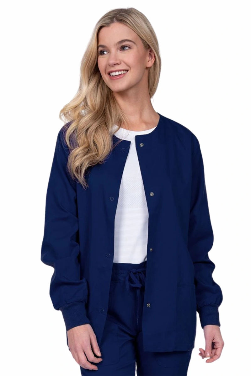 Epic by MedWorks Women's Snap Front Scrub Jacket | Navy Knit Fabric Woven Fabric Fleece Fabric