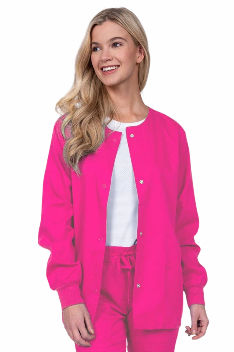 Epic by MedWorks Women's Snap Front Scrub Jacket | Shocking Pink Bomber Jacket Anorak Windbreaker
