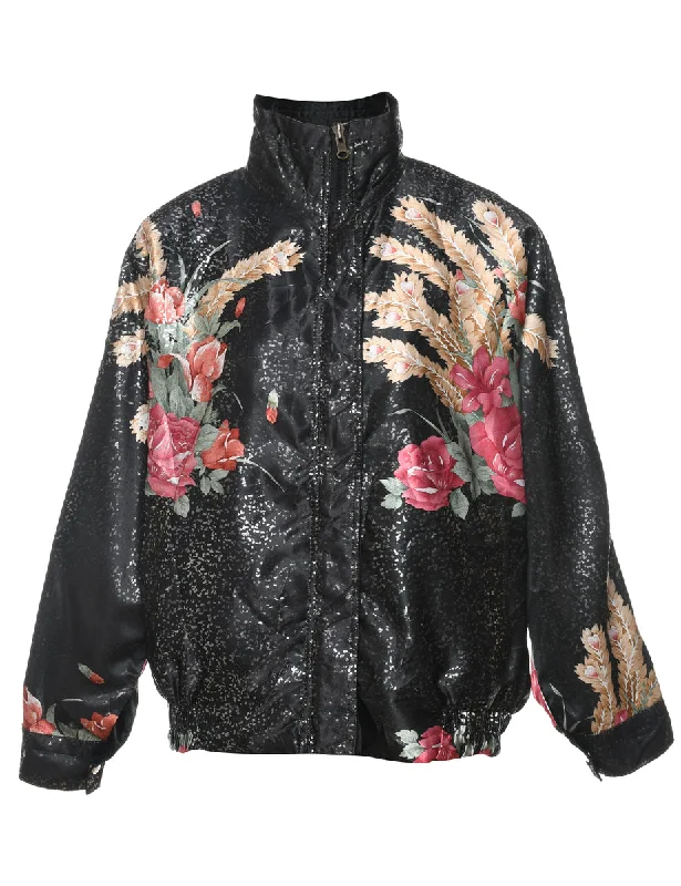 Floral Pattern Black & Multi-Colour Sparkly Jacket - L