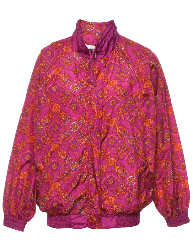 Floral Pattern Pink & Orange Zip-Front Nylon Jacket - M