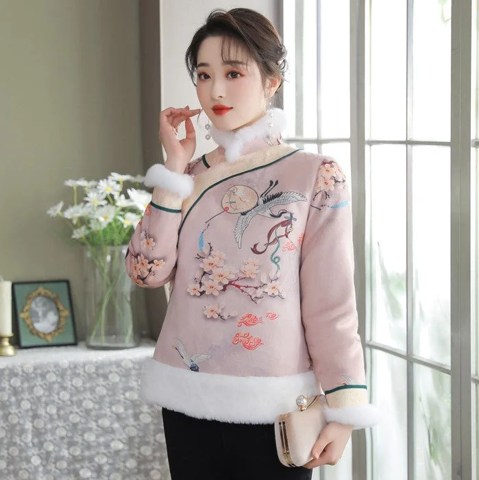 Floral Suede Fur Edge Women's Chinese Style Jacket Wadded Coat