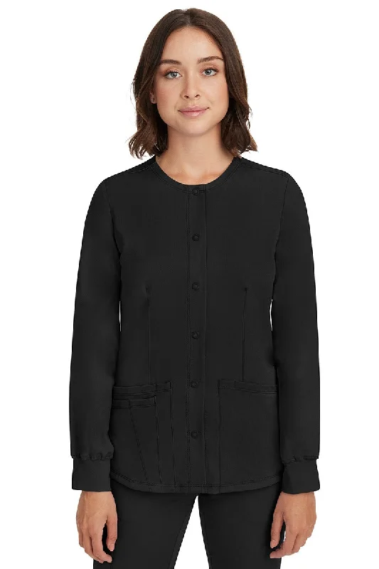 HH-Works Women's Megan Snap Front Scrub Jacket | Black Satin Jacket Silk Jacket Chiffon Jacket