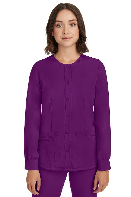 HH-Works Women's Megan Snap Front Scrub Jacket | Eggplant Boat Neck Shawl Collar Notched Collar