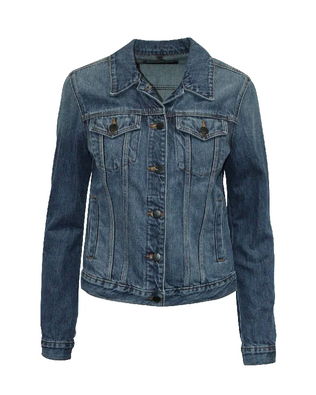 J Brand Jacket in Blue Cotton Denim Tiered Jacket Buttoned Jacket Zippered Jacket