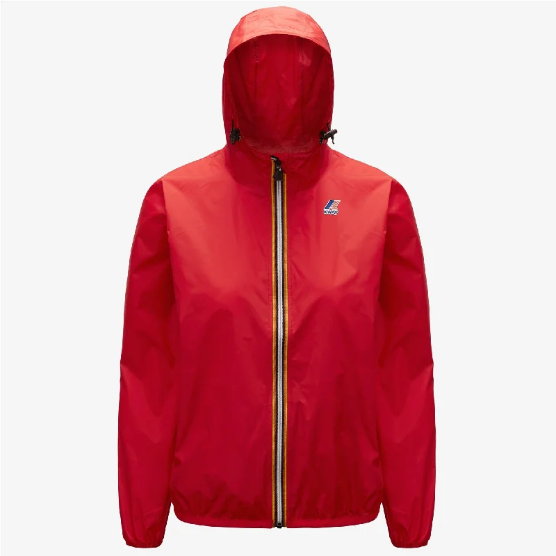 Claude - Unisex Packable Full Zip Waterproof  Rain Jacket in Red Rayon Fabric Velvet Fabric Corduroy Fabric