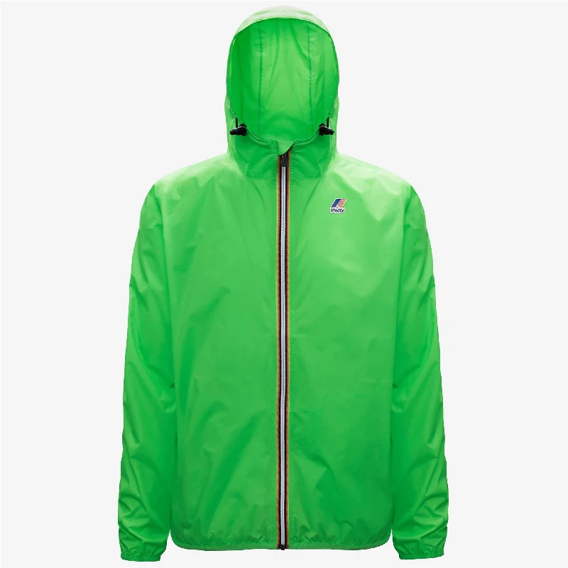 Claude - Unisex Packable Full Zip Waterproof  Rain Jacket in Green Fluo Notch Collar Peter Pan Collar Cowl Neck