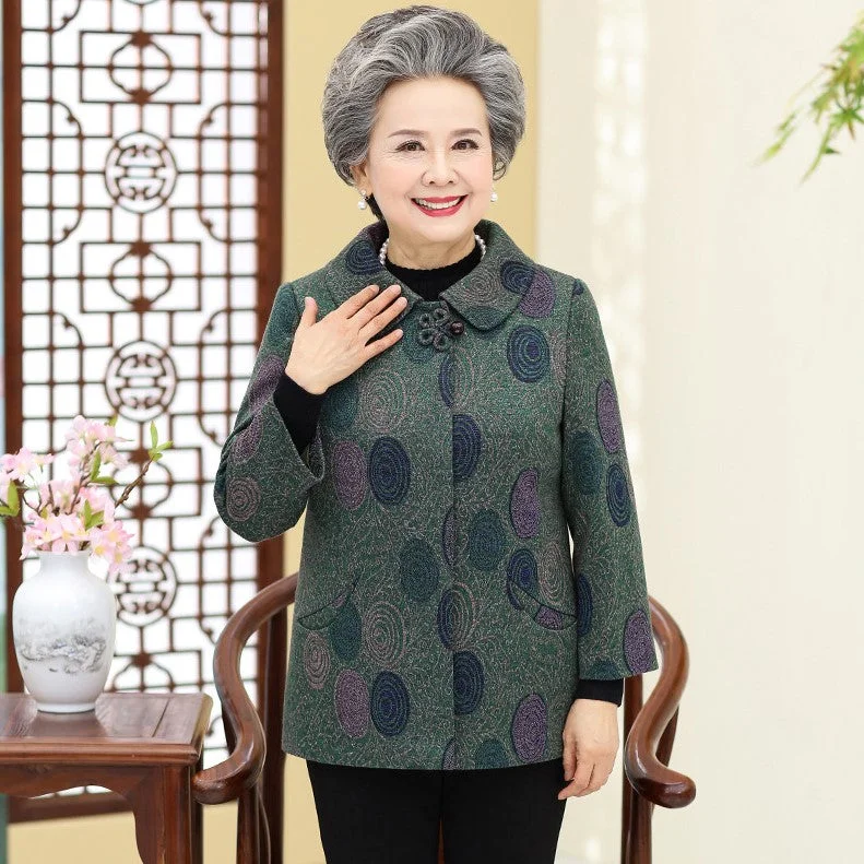 Lapel Collar Geometry Embroidery Woolen Tang Suit Traditional Chinese Jacket Mother's Coat