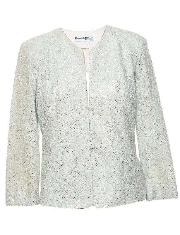 Lurex Thread Pattern White Lace Evening Jacket - M Toggled Jacket Drawstring Jacket Belted Jacket