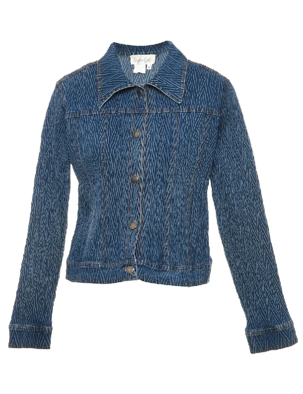 Medium Wash 1990s Zig-Zag Denim Jacket - S Hooded Jacket Caped Jacket Shawl Collar Jacket Medium Wash 1990s Zig-Zag Denim Jacket - S Hooded Jacket Caped Jacket Shawl Collar Jacket