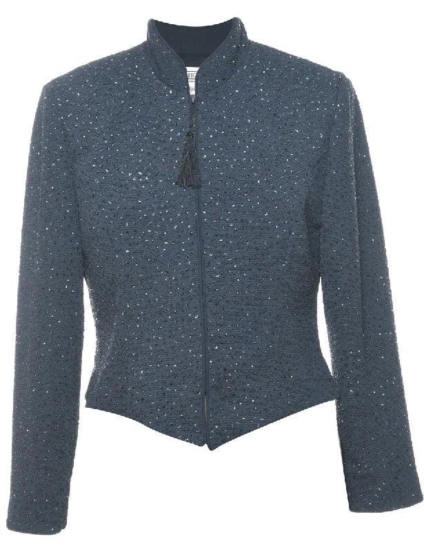 Navy Sparkly Diamanté Detail Zip-Front Evening Jacket - M Cardigan Sweater Pullover