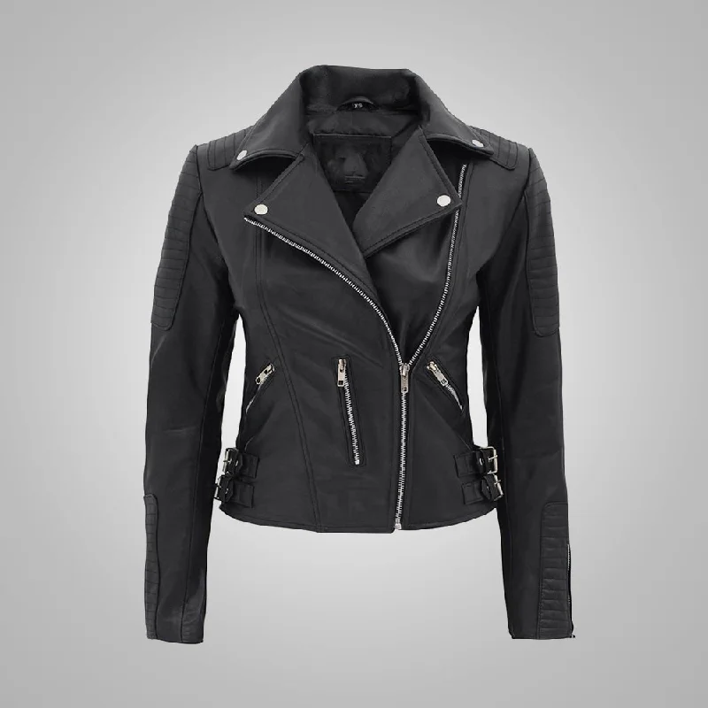 Nikki Roumel Black Leather Biker Jacket Denim Fabric Leather Fabric Suede Fabric
