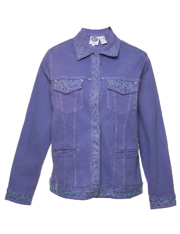 Purple 1990s Embellished Denim Jacket - M Satin Fabric Silk Fabric Chiffon Fabric