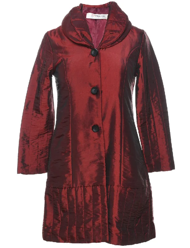 Single Breasted Long Maroon Metallic Evening Jacket - S Belted Jacket Elasticated Jacket Padded Jacket