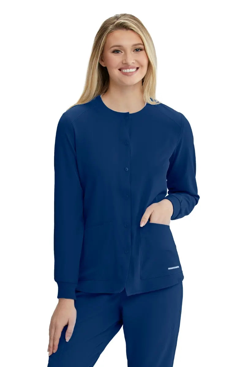 Skechers Women's Stability Snap Front Scrub Jacket | Navy Satin Fabric Silk Fabric Chiffon Fabric