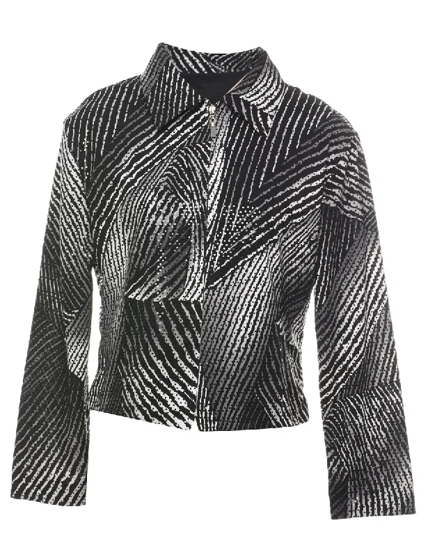 Sparkly Zip-Front Animal Print 1990s Jacket  - M A-Line Jacket Boat Neck Shawl Collar