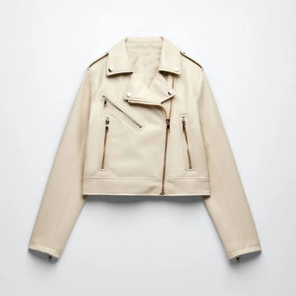 White Women's Sheepskin Motorcycle Leather Biker Jacket Fleece Fabric Down Fabric Feather Fabric