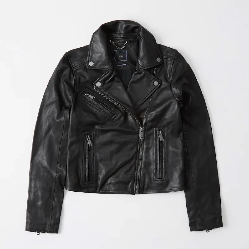 Women black  Biker Leather Jacket Ribbed Jacket Pleated Jacket Ruffled Jacket