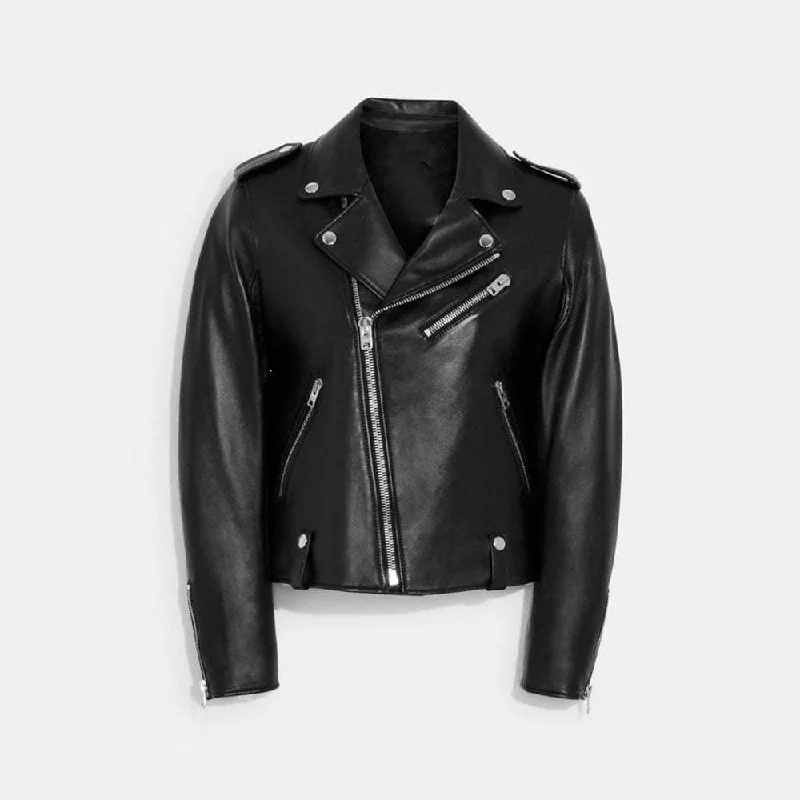 Women Black Biker sheepskin leather Jacket Zippered Front Buttoned Front Snap Front