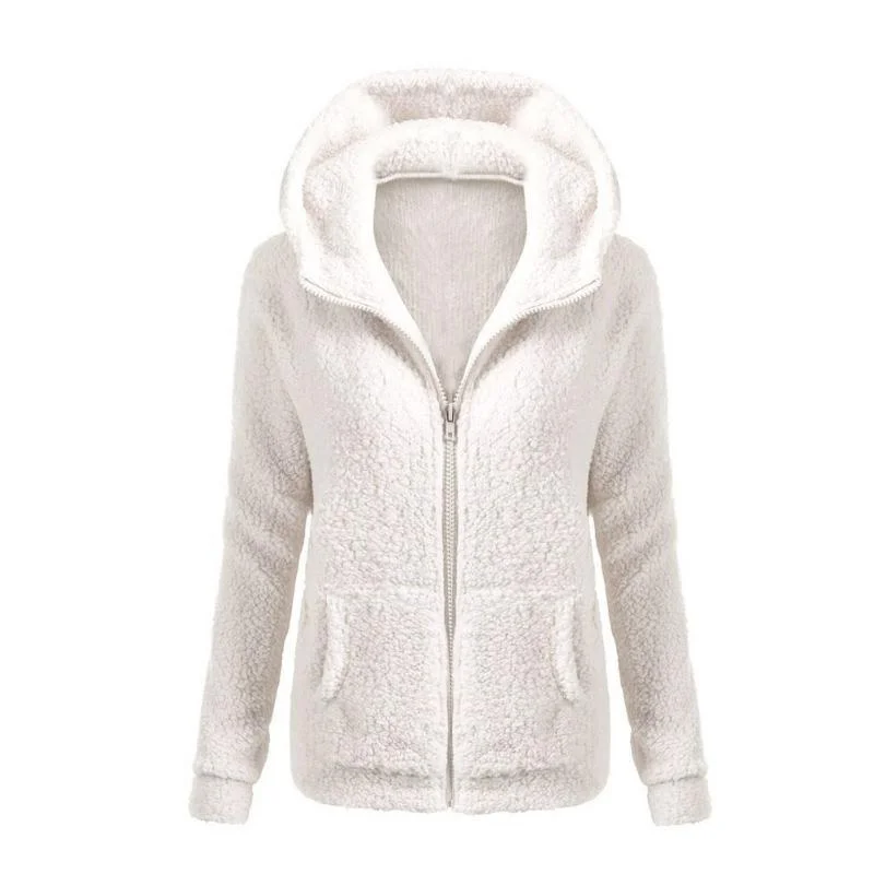 Women Solid Color Coat Thicken Soft Fleece Winter Autumn Warm Jacket Hooded Zipper Overcoat Female Fashion Casual Outwear Coat Embroidered Jacket Appliqued Jacket Beaded Jacket