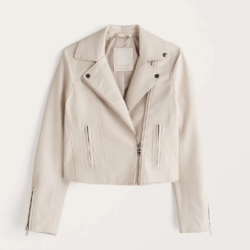 Women White Biker Leather Jacket Herringbone Jacket Houndstooth Jacket Plaid Jacket