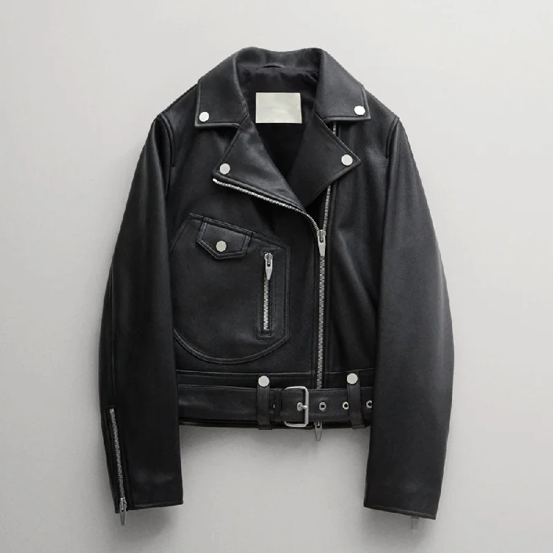 women's black lambskin leather biker jacket Boat Neck Shawl Collar Notched Collar