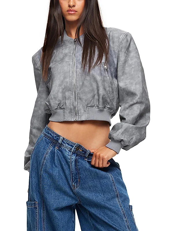 Womens Faux Leather Ribbed Trim Bomber Jacket Elasticated Jacket Padded Jacket Insulated Jacket Womens Faux Leather Ribbed Trim Bomber Jacket Elasticated Jacket Padded Jacket Insulated Jacket