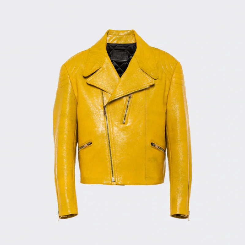 yellow women's cowhide leather biker jacket A-Line Jacket Boat Neck Shawl Collar