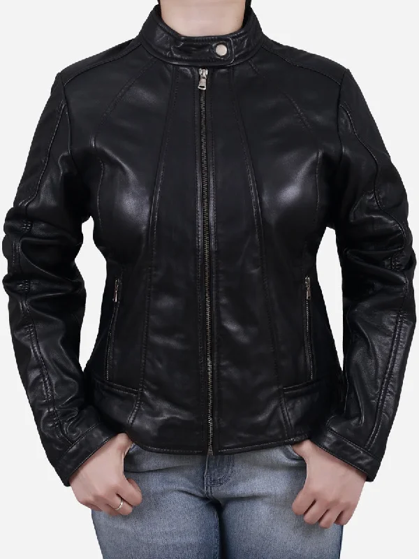Zaneta Women's Black Slim Fit Leather Jacket Print Jacket Jacquard Jacket Embroidered Jacket