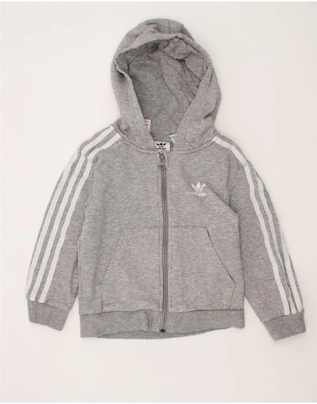 ADIDAS Boys Zip Hoodie Sweater 5-6 Years Grey Cotton Hoodie with Pattern Geometric Abstract
