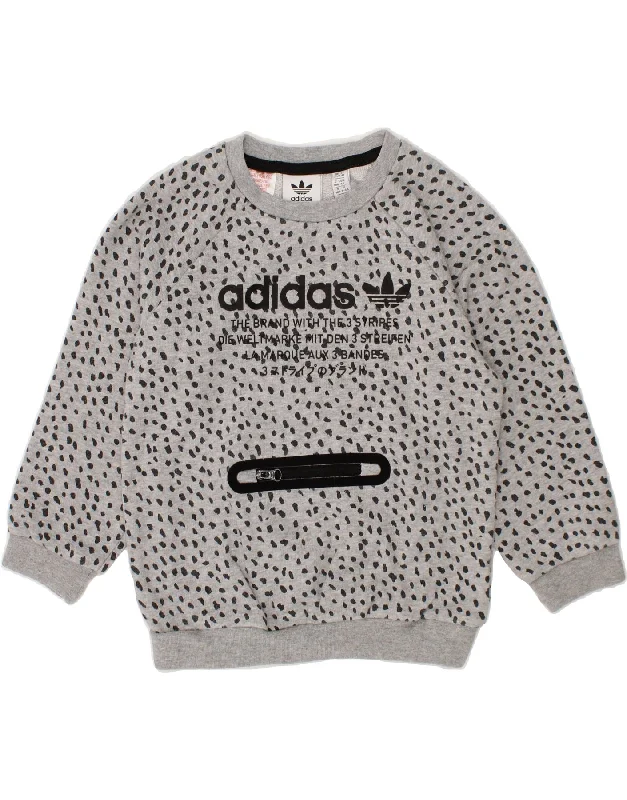 ADIDAS Girls Graphic Sweatshirt Jumper 3-4 Years Grey Animal Print Cotton Hoodie with Hood Adjustable Protection