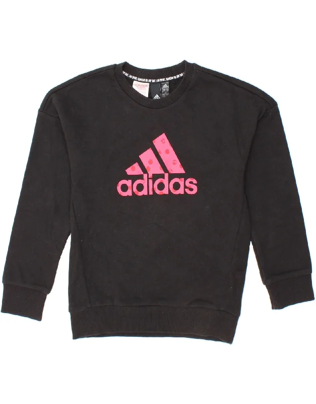 ADIDAS Girls Graphic Sweatshirt Jumper 9-10 Years Black Cotton Hoodie with Zipper Placket Modern Functional ADIDAS Girls Graphic Sweatshirt Jumper 9-10 Years Black Cotton Hoodie with Zipper Placket Modern Functional