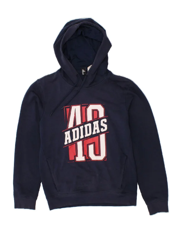 ADIDAS Mens Graphic Hoodie Jumper Small Navy Blue Cotton Hoodie with Print Artistic Unique