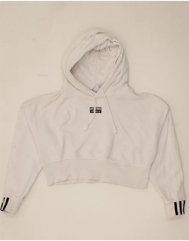 ADIDAS Womens Oversized Crop Hoodie Jumper UK 6 XS White Cotton Hoodie with Bell Sleeves Flared Feminine