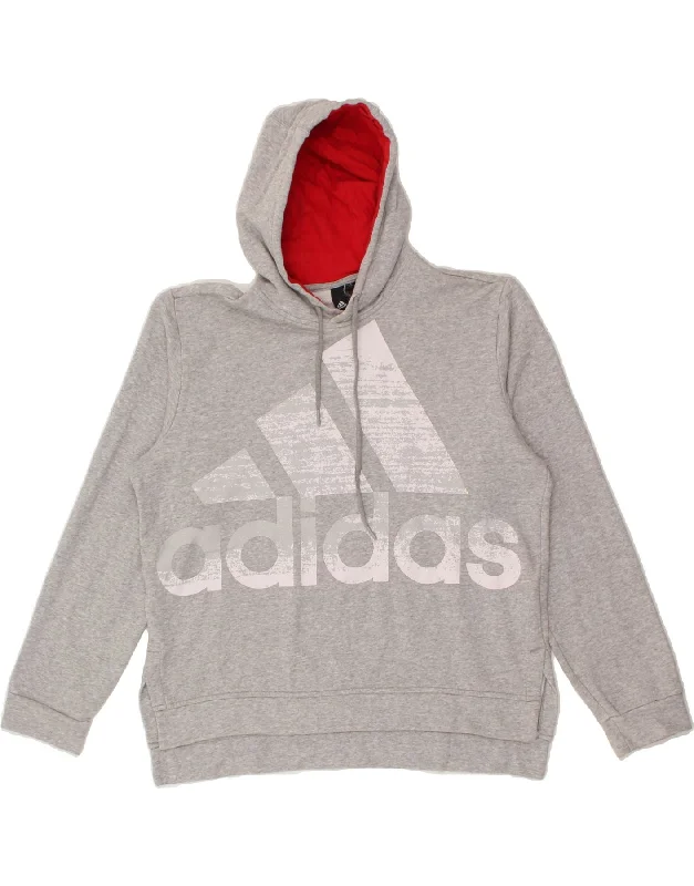 ADIDAS Womens Oversized Graphic Hoodie Jumper UK 16 Large Grey Cotton Hoodie with Emblem Brand Identity ADIDAS Womens Oversized Graphic Hoodie Jumper UK 16 Large Grey Cotton Hoodie with Emblem Brand Identity