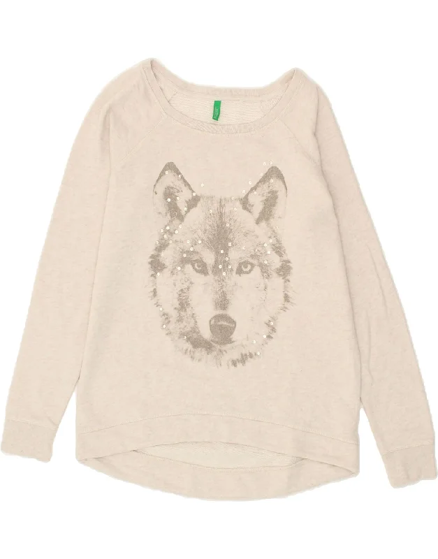 BENETTON Womens Graphic Sweatshirt Jumper UK 14  Medium Beige Animal Print Hoodie with Tied Waist Feminine Flattering