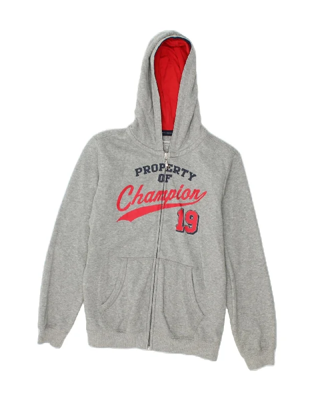 CHAMPION Boys Graphic Zip Hoodie Sweater 11-12 Years Large Grey Cotton