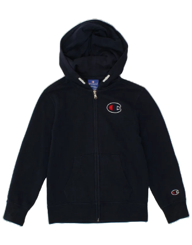 CHAMPION Boys Zip Hoodie Sweater 7-8 Years Small Navy Blue Cotton