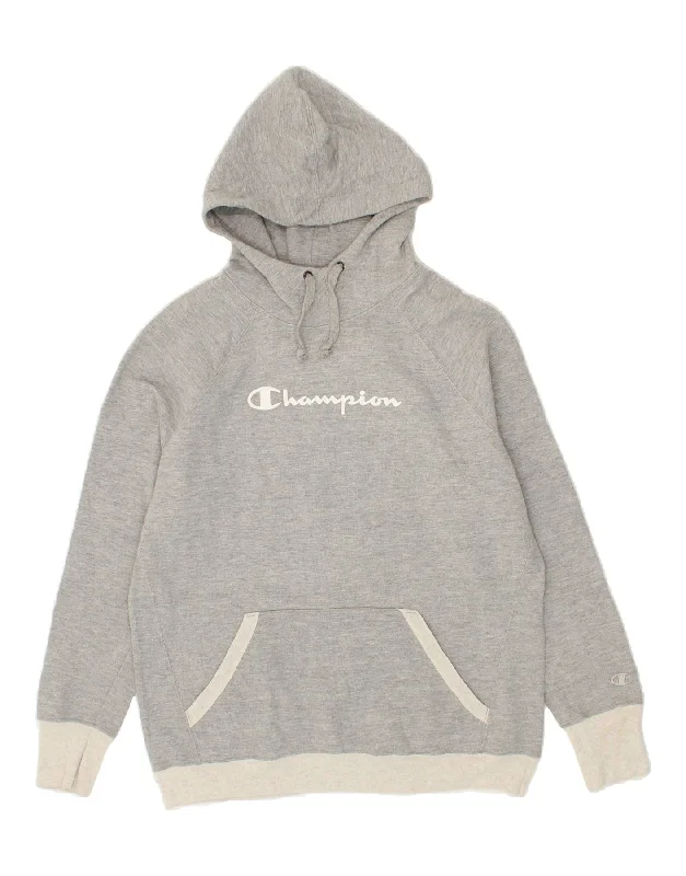 CHAMPION Mens Graphic Hoodie Jumper Medium Grey Colourblock Cotton Hoodie with Hem Ribbing Snug Secure