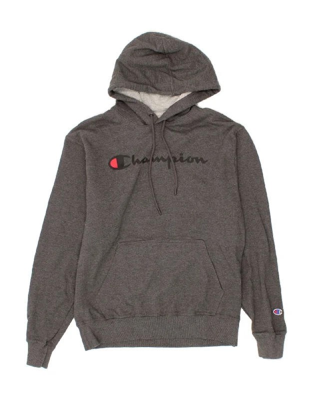 CHAMPION Mens Graphic Hoodie Jumper Medium Grey Cotton Hoodie with Hem Embroidery Detailed Premium