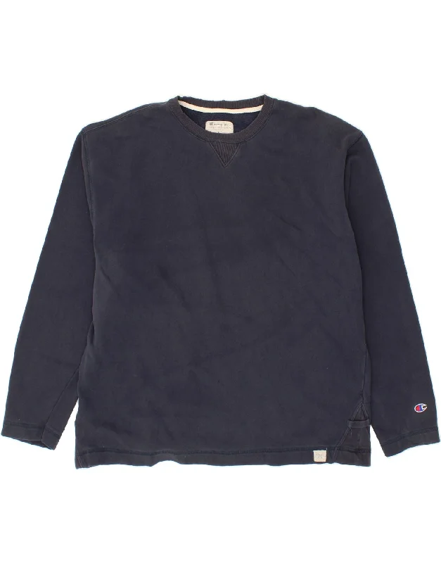 CHAMPION Mens Sweatshirt Jumper Large Navy Blue Cotton Hoodie with Hem Patch Decorative Personalized