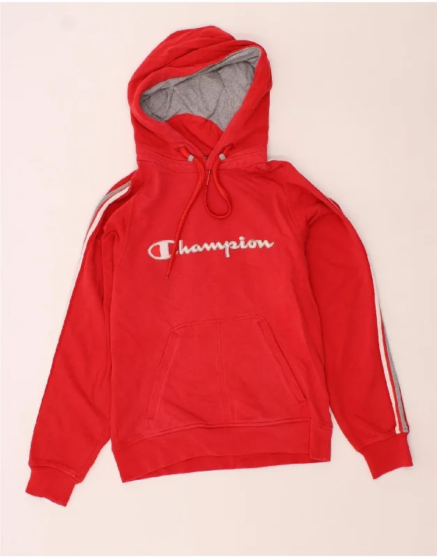 CHAMPION Womens Graphic Hoodie Jumper UK 10 Small Red Cotton Hoodie with Ribbed Hem Stretchable Secure