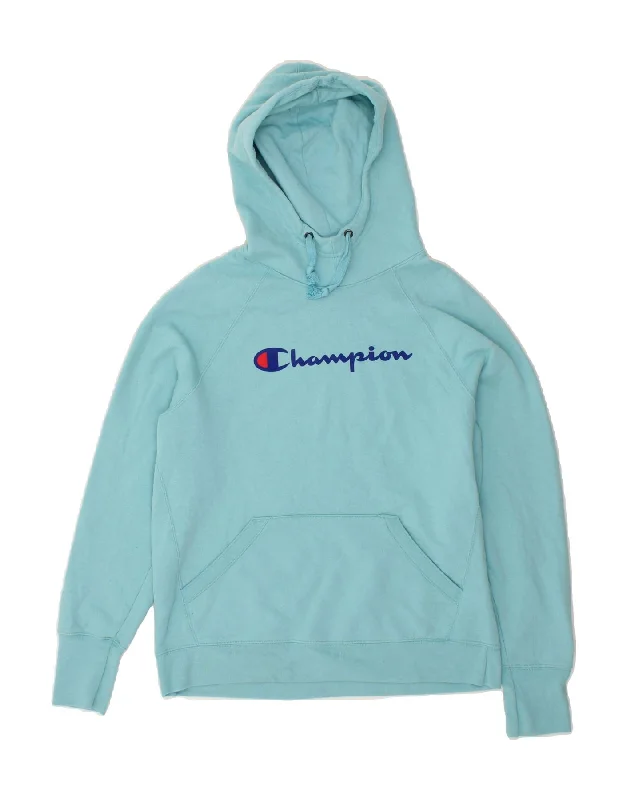 CHAMPION Womens Graphic Hoodie Jumper UK 14 Medium Blue Cotton Hoodie with Mock Neck Collared Structured