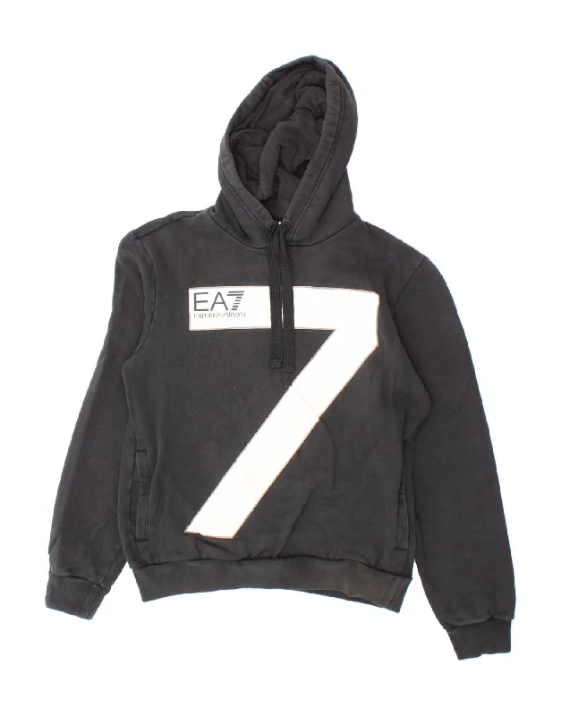 EMPORIO ARMANI Womens Graphic Hoodie Jumper UK 14 Medium Black Cotton Hoodie with Magnetic Closure Innovative Modern