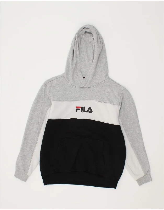 FILA Boys Graphic Hoodie Jumper 11-12 Years Grey Colourblock Cotton