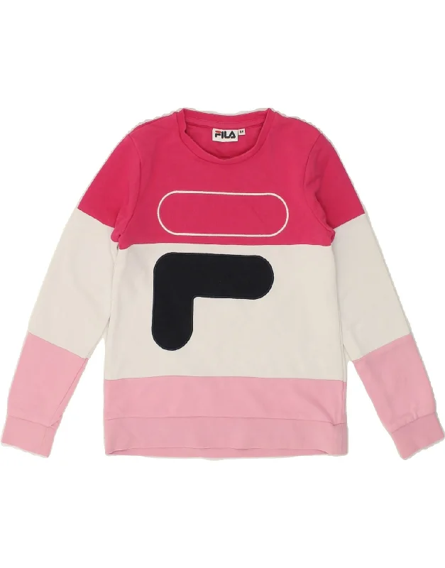 FILA Girls Graphic Sweatshirt Jumper 7-8 Years Pink Colourblock Cotton Hoodie with Reflective Safety Nightwear