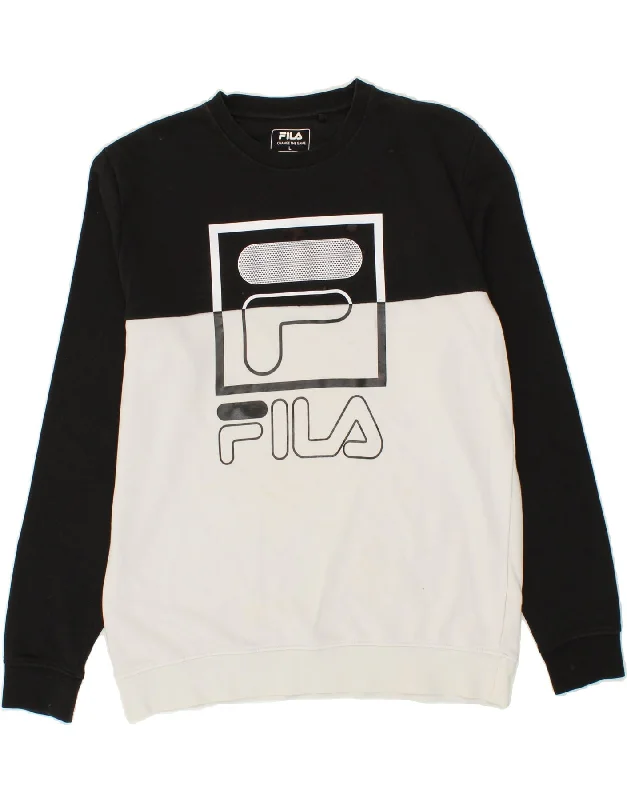 FILA Mens Graphic Sweatshirt Jumper Large White Colourblock Cotton Hoodie with Back Slit Movement Comfort